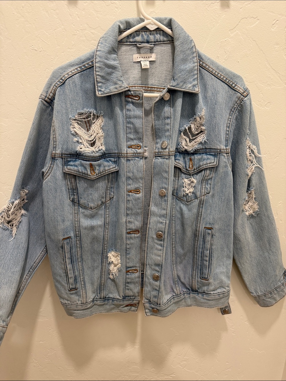 Topshop MOTO Oversized Distressed Ripped Denim Jacket US Size 6